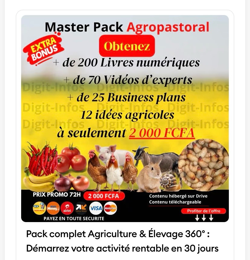 Guide Digital 🌱 Pack Complet Agriculture & Élevage 360° – Plus de 200 Livres + 70 Vidéos + Business Plans