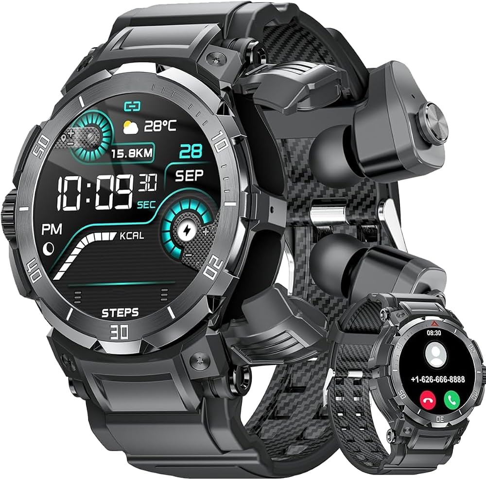 Montre connectée pour homme avec écouteurs Bluetooth, étanche IP67, traqueur d'activité avec podomètre et appels Bluetooth, idéale pour le sport